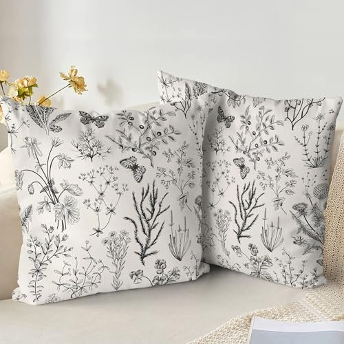 XPHZZL Cushion Covers Set of 2 Pack 45 x 45 cm Soft Sage Green Wild Flower Plant Pillow Covers for Sofa Bed Garden Outdoor Spring Decor Flower Plant with Invisible Zipper - Black/White