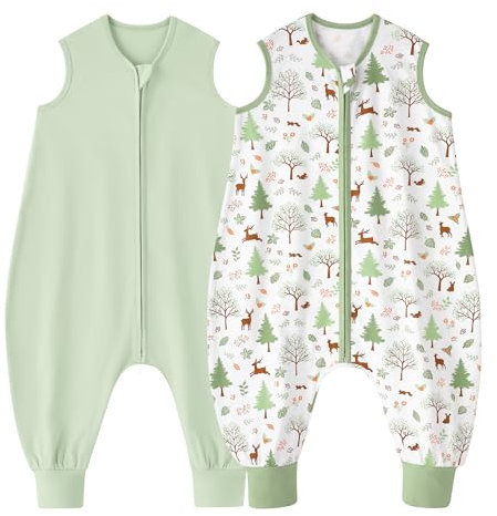 Looxii 2er Pack Baby Sommerschlafsack mit füßen 0.5 Tog Schlafsack Baby 100% Baumwolle Baby Schlafsack für Kinder 4-6 Jahre Jungen Mädchen 100 cm Green Forest