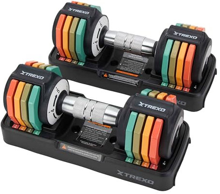 TREXO MULTICOLOR Verstellbare Hantelset 2x 5 kg Hanteln aus Stahl mit rutschfestem Griff Ideal für das Krafttraining zu Hause und im Fitnessstudio Verstellbare Hantel mit stabilem Standfuß