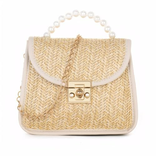 XFSRG Sac à Main Femme Pochette en Paille Tissée pour Plage d'Été Embrayage Soirée Sacs à Bandoulière avec Chaîne Idéal pour Fête Mariage et Vacances (Blanc)