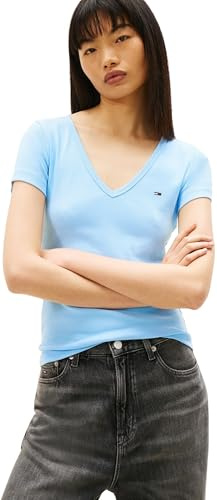 Tommy Jeans Damen T-Shirt Kurzarm Slim Essential Rib V-Ausschnitt