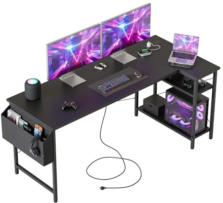 Mericonia Reversible Corner Desk, w. Power Outlets, 140x70cm, Black | Reversible Design, L-shaped desk with Bag, Height-adjustable Shelf, Gaming computer desk for home & office