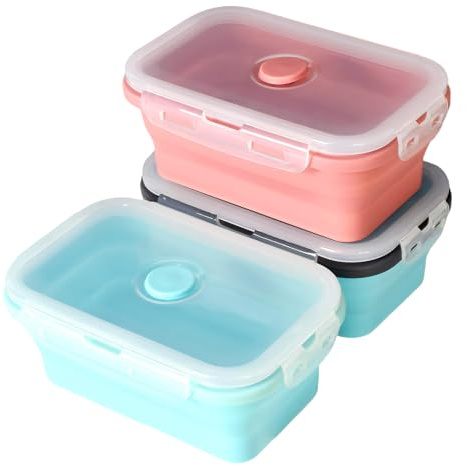 Luxvara 3 Pack Collapsible Lunch Box, 500ml Leak Proof Silicone Food Containers with Lids, Airtight Foldable Bento Box for Camping, Work, School, BPA Free, Microwave & Dishwasher Safe