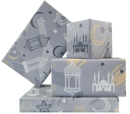 Eid Mubarak Geschenkpapier 4 Blatt – Moscheen Monde Stern Laternen Druck Ramadan Geschenkpapier – Gefaltetes flaches Kunstpapier für Frauen Männer Islam Urlaub, Eid Mubarak, Hochzeit, muslimische