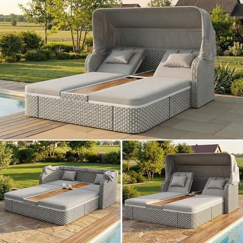Dolamaní Rattan Sonnenliege Sonneninsel für 2 Personen mit faltbarem Sonnendach, Doppelliege Liegeinsel Outdoor Lounge Gartensofa für Balkone und Gärten, Terassenmöbel außen (Grau)