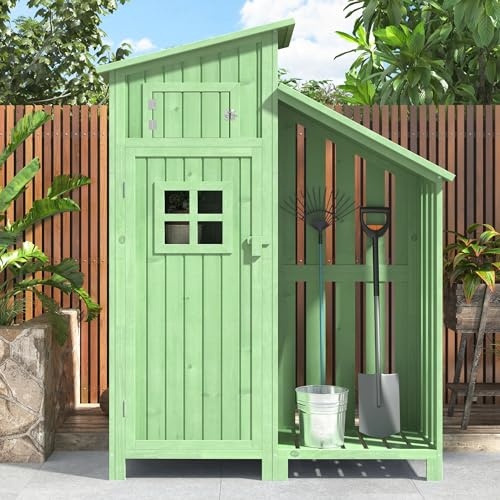 Casetta da giardino in legno, 124 x 46 x 174 cm, armadio da giardino in legno con soffitto in PVC e 2 divisori, armadio per attrezzi da esterni con finestra di ventilazione e 2 porte, capanno per