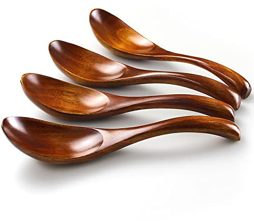 AOOSY Cuchara de Madera Estilo japonés de 4 Piezas Hecho a Mano Sopa de Madera Nanmu Mango Corto arroz para niños Cuchara de Cocina para la Cena vajilla
