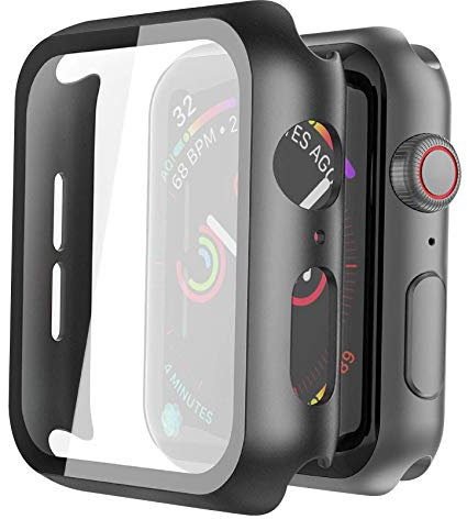Misxi [2 Pezzi] Nero Cover Con Vetro Temperato per Apple Watch SE3/SE2/SE/Serie 6/Serie 5/Serie 4 44mm, Custodia Rigida Protezione Totale Ultra Sottile HD Clear Pellicola Protettiva Per iWatch