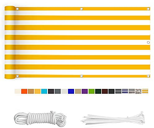 HERILIOS Balkon Sichtschutz, Balkonabdeckung 220 g/m² Innen Balkonverkleidung UV-Schutz (210Größen&21Farben) mit Ösen Kabelbinder und Kordel für Balkongeländer Terrasse,90X100CM Gelb-weiß gestreift