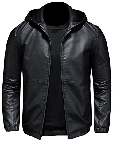 Giacca da Uomo Casual Moto Moto PU Giacca Uomo Inverno Autunno Moda Giacche in Pelle Maschile Slim Cappuccio con Cappuccio,Nero,XXL