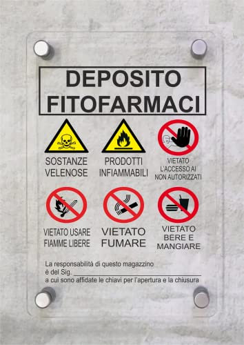 CARTELLO IN PLEXIGLASS SEGNALETICO - deposito fitofarmaci - Con Distanziali in acciaio inox e Stampa U.V. (15X21 CM)