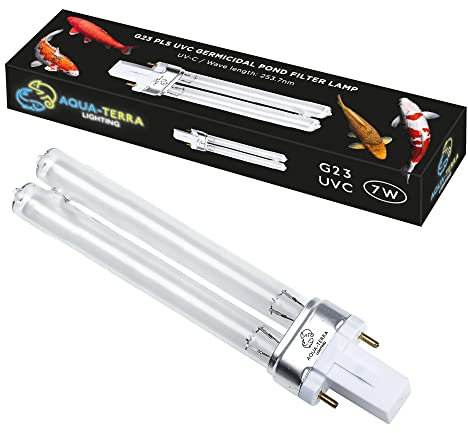 Aqua-Terra Lighting Ampoule de filtre de bassin 7 W – Ampoules UVC ultra violettes pour filtres et clarificateurs – Germicide G23 2 broches PLS Base de lampe pour remplacer les ampoules UV dans les