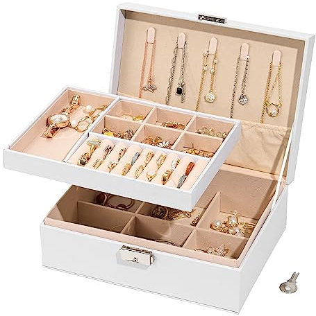 WAREHOUSE Schmuckaufbewahrung, 2-Lagige Abnehmbare Schmuckkästchen, zur Aufbewahrung von Schmuck, Ringen, Ohrringen, Armbändern und Halsketten, Wasserdichte Leder Schmuckkasten (Weiß)