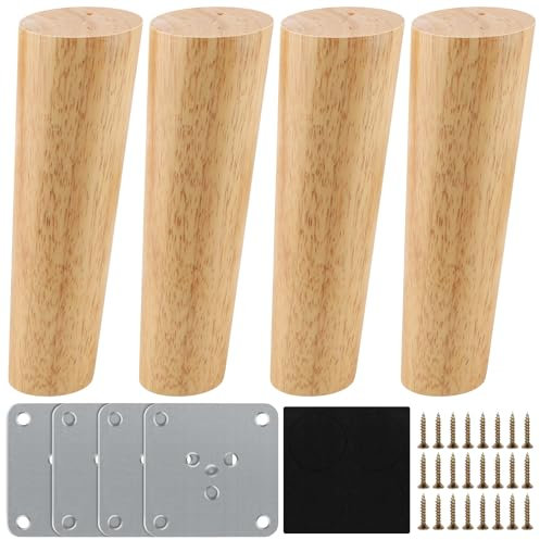 Pieds de Meuble en Bois de Rechange 15cm - Lot de 4 Avec Plaque de Montage, Vis et Tapis Antidérapant - Pour Canapé, Lit et Chaises