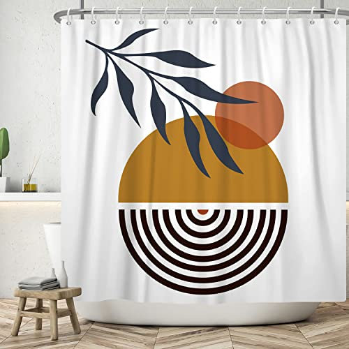 ASDCXZ Rideau de Douche Boho 180x180 cm, Art Abstrait Moderne Style Boho Feuilles de Soleil Orange Blanc Lavables en Textile Rideau de Bain imperméable pour Baignoire avec 12 Crochets