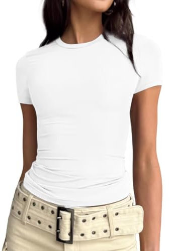 Cuptacc T Shirt Damen Rundhalsausschnitt Eng Kurzarm Sport Tshirt Damen Sommer Top Causal Basic Weiss Mittel M 38-40