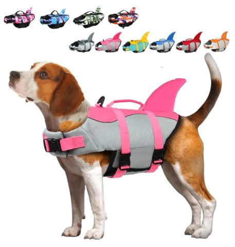 Giubbotti Di Salvataggio Per Cani Giubbotto Squalo Salvagente Per Animali Domestici Salvagente Gilet con Manico e Riflettente Per Cani Piccoli, Medi e Grandi, Taglia Regolabile Rosa XS