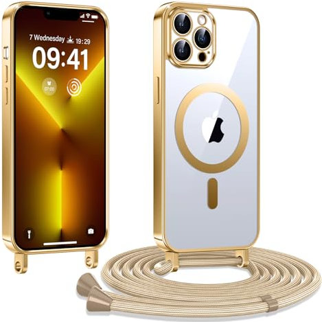 Kokio Handykette Hülle für iPhone 13 pro max mit Band, Magnetische Transparent Handyhülle Kompatibel mit MagSafe, Kratzfeste Stossfest Schutzhülle mit Einstellbar Kette,Gold