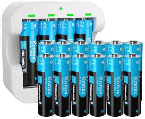 Kratax Rechargeable AA Lithium 1.5V Batteries - High-Capacity 3500mWh - 1600 Cycles - Full-Recharged 16 Pack with Ultra Fast Charger, Long-Lasting, Constant Output for Household Office Device