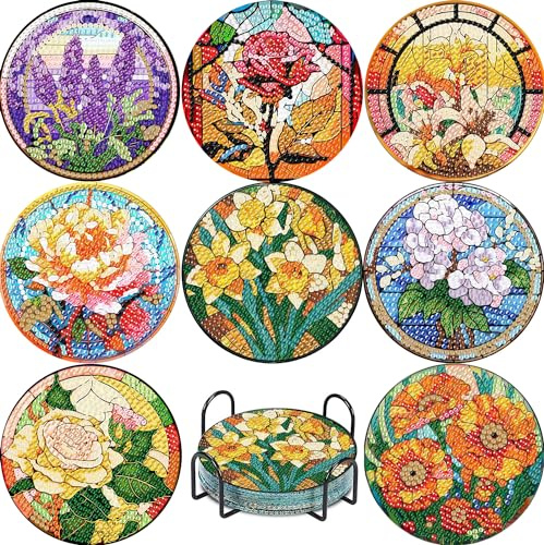 8 Pcs Diamond Painting Coasters with Holder,Flower Gem Art Coasters for Beginners,Stained Glass Adults Diamond Painting Kit