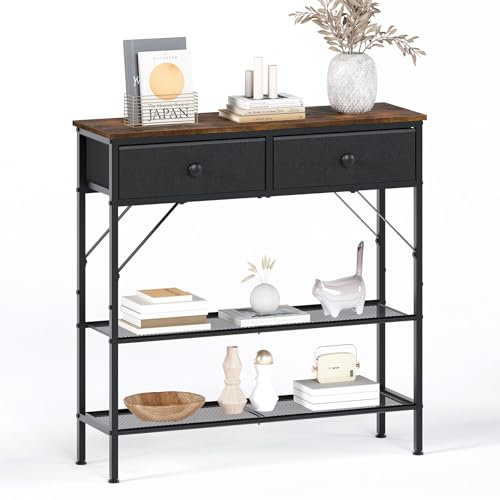 Meltrck Konsolentisch mit Zwei Schubladen und Doppelböden, Beistelltisch Vintage aus Metal und Oxford für Eingangsbereich, Wohnzimmer, Schmaler Sofatisch mit Metallstabilisierung, 80X24X80 cm