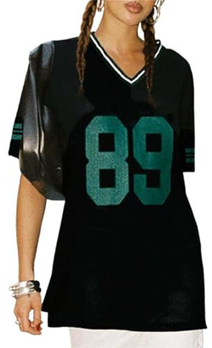 Jersey Shirts for Women Y2k Oversized Number Graphic Tee T-Shirt V Neck Short Sleeve Sport Casual Tops Streetwear (B-Black, M)