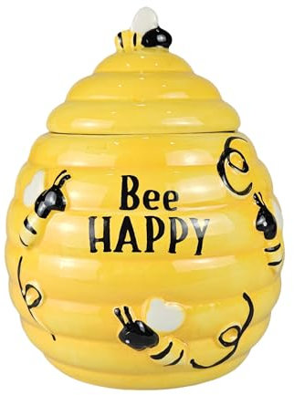 Hanna's Handiworks Bee Happy Honey Hive Cookie Jar – Ceramic Bee Hive Pot Canister with Lid for Sweets & Treats, Tea, Desserts – Kitchen Countertop Decor for Parties at Home, Office, & School