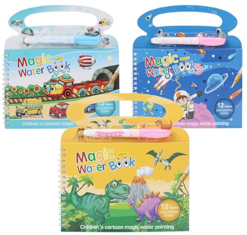 EcoJozon Lot de 3 Livres Magiques à l’Eau Réutilisables avec 3 Stylos - Livre de Coloriage à l’Eau pour Enfants - Water Coloring Book sans Tache