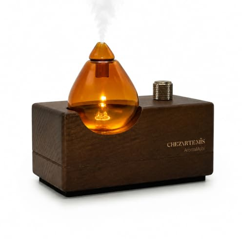 chezArtemis Amber Retro Aroma Diffuser ohne Wasser für Aromatherapie | Bernsteinglas Vernebler Walnussholz, Plastikfrei und BPA-frei, 7-10 Tage Akkulaufzeit, Duftreichweite 60 m², Geschenkidee