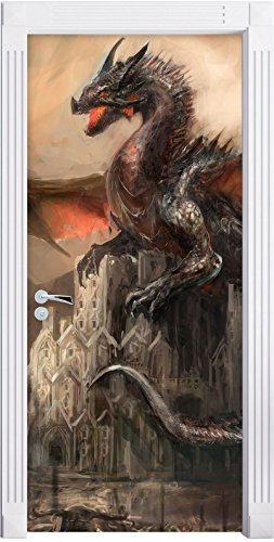 Stil.Zeit Möbel Drache schützend über Burg als Türtapete, Format: 200x90cm, Türbild, Türaufkleber, Tür Deko, Türsticker