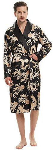 Haseil Herren-Bademantel aus Satin, Drache, luxuriös, Seide, Spa, langärmelig, Kimono-Bademantel, Schwarz, X-Large
