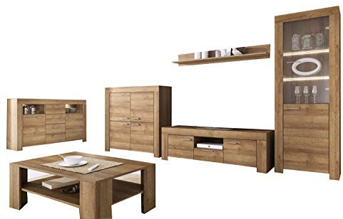 mb-moebel Moderne Wohnwänd Wohnzimmer Möbel Schrankwand MIT LED LOS SET1 Riviera Eiche