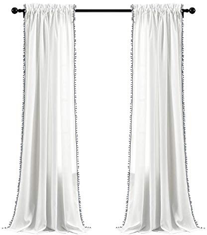 Lush Decor, schwarzer Bommel-Vorhang, strukturiert, einfarbig, Shabby-Chic-Stil, Fensterpaneel für Wohnzimmer Gray grau