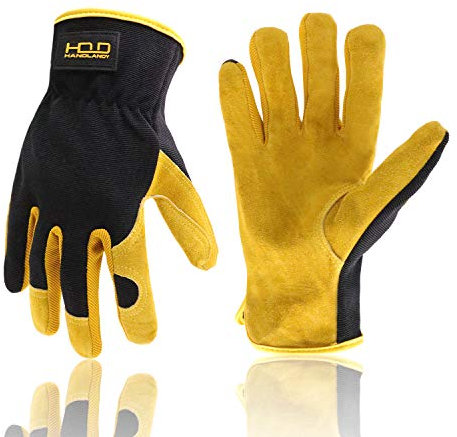 HANDLANDY Work Gloves for Men Women, Utility Leather Gardening Gloves - Safety Working Gloves Cowhide Dexterity & Breathable Design (S, Yellow)