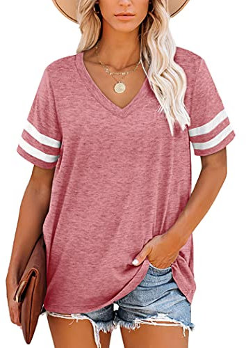 MOLERANI T-Shirts für Damen Kurzarm V-Ausschnitt Gestreifte Sommer Tops Casual Loose Tee Pink XXL