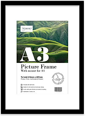 A3 Black Picture Frame With White Mount for A4 (21 x 29.7cm -8.3 x 11.7in) Print, Photo, or Poster. Portrait and Horizontal Wall Hooks