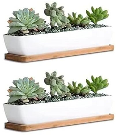 Maerskye Vaso bianco per piante grasse, set da 2 pezzi da 27,7 cm di lunghezza, rettangolare, in ceramica bianca, con piattini in bambù, per interni ed esterni, casa, giardino, cucina, decorazione