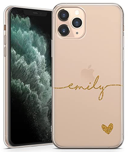 TULLUN Personalised Phone Case for iPhone 13 Pro Max - Clear Soft Gel TPU Custom Cover Horizontal Name & Heart Design Bottom Individual Style Initials Text - Gold