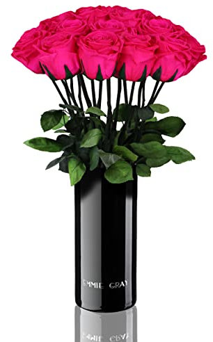 EG EMMIE GRAY Classic Vase Set | Long Stem Infinity Rosen inklusive schwarzer Glasvase - Luxuriöser Rosenstrauß aus echten Premiumrosen, die 1-3 Jahre halten, haltbare Rosen (Hot Pink, 15 Rosen)