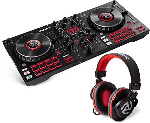 Numark DJ Pro Paket - Platinum FX DJ Controller Pult mit 4-Deck Kontrolle, integriertem Audio Interface, Jogwheel-Displays und Effektpaddeln und HF175 Kopfhörer im geschlossenem Design, 40mm Treiber