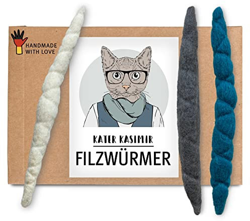 3 handgerollte Filzwürmchen I Katzenspielzeug aus 100% Wolle I Nachhaltiges Spielzeug für Katzen | Natürliche Spielbälle für Katzen | Katzen Spielsachen aus deutscher Handarbeit | Katzenbälle aus Filz