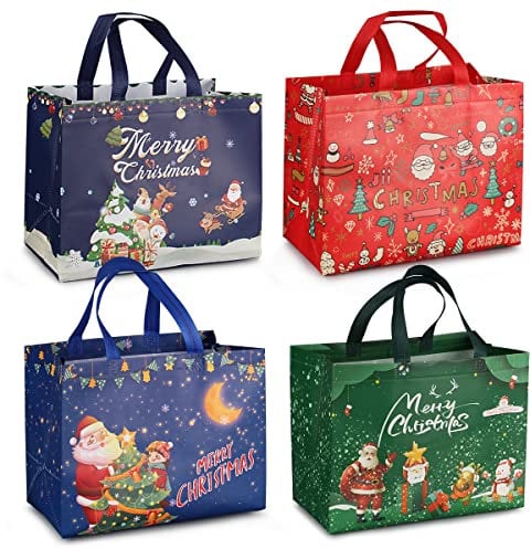 4PCS Weihnachtsgeschenktüten, Weihnachtstragetaschen mit Griffen, Weihnachtstaschen, multifunktionale Vlies-Weihnachtstaschen zum Einpacken von Geschenken, 32,5 × 25 × 17 cm