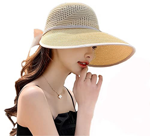 Femme Casquette Visière Été Capeline Respirant Chapeau de Paille Large Bord Protection Solaire Chapeau de Soleil Plage Réglable Bob Pliable Chapeau de Seau UPF 50+ Anti-UV pour Voyage Vacances Pêche