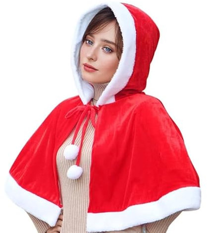 ITODA Cape de Princesse à Capuche Femme et Chapeaux de Noël Rouges Bonnets pour Adultes Costumes de Noël Courts Châles Velours pour Déguisement Carnaval Fête Cosplay,adulte,taille unique