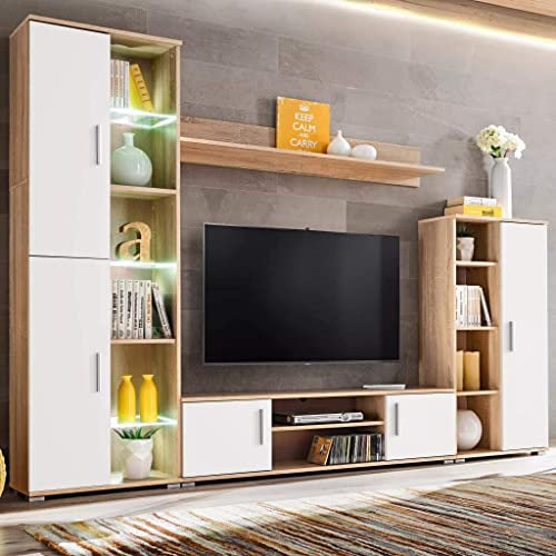 KOIECETA TV Wohnwand LED-Leuchten Sonoma Eiche Weiß Anbauwand Schrankwand TV Wand