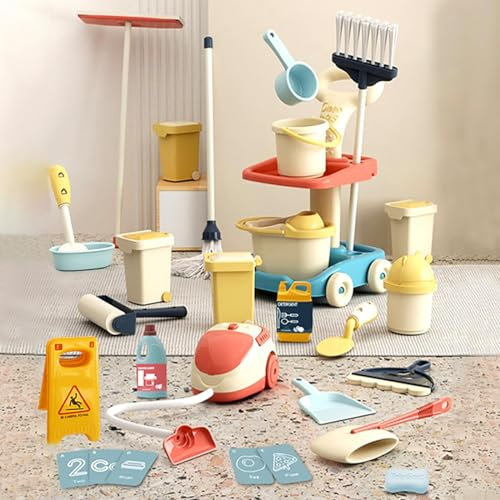 Sobebear Kids Mini Size Cleaning Set, Includes Vacuum, Broom, Mop, Brush, Dust Pan, Duster, Sponge, Bucket, Trash Can, Toys for Girls & Boys Age 3+ Years