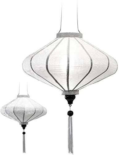 Traditioneller asiatischer Lampion aus Seide, weiß, Durchmesser 45 cm – Laterne von Hoi an aus Stoff, Bambus und Holz, handgefertigt – Dekoration von Asien und Handwerk aus Vietnam (P25-B)