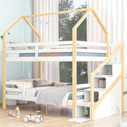 FEZTOY Kinderbett 90 x 200 cm mit 4 Treppe & Schubladen, Etagenbett für 2 Kinder mit Rausfallschutz und Lattenrost, Funktionsbett Hochbett Stockbett Jugendhochbett, Keine Matratze