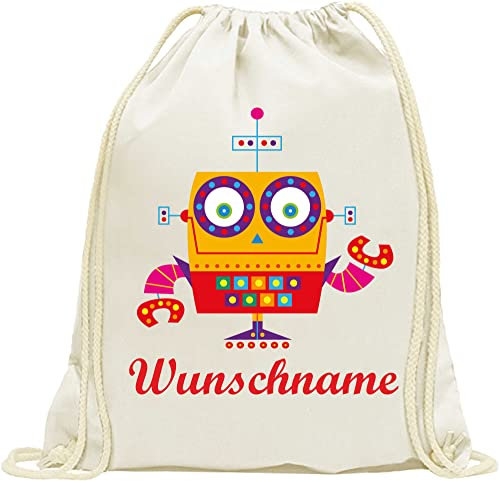 INDIGOS UG - Turnbeutel Junge - Beutel - 017 - Roboter - Bedruckt mit Wunschname - Wunschtext - Rucksack Kinder - Wäschebeutel - Schule Kita - Kindergarten personalisierte Geschenke
