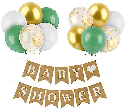 Baby Shower Banner Geburtstag Wimpelkette mit Salbeigrün Weißgold Geburtstagsballons Konfetti Luftballons für Haus oder Garten Geburtstag Party Dekorationen Supplies